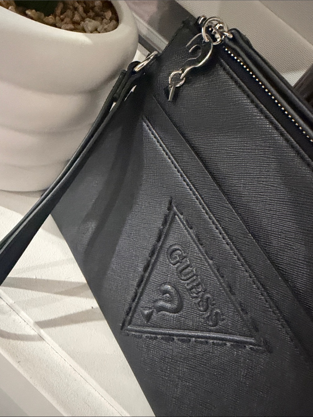 GUESS Black Embossed Logo Wristlet Clutch Bag